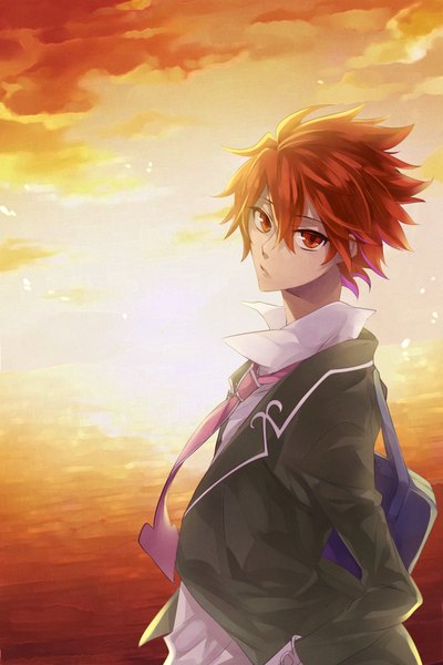 Anime picture 1500x2250 with star driver tsunashi takuto jitsu kuhitsuki single tall image short hair red eyes sky red hair evening sunset hands in pockets boy uniform school uniform school bag