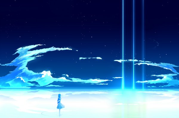 Anime picture 1600x1061 with original craft ghost single long hair highres sky cloud (clouds) landscape scenic girl dress