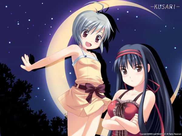 Anime picture 1280x960 with kusari ayanobe karen ayanobe tamami long hair looking at viewer blush short hair open mouth black hair purple eyes bare shoulders multiple girls brown eyes silver hair ahoge teeth fang (fangs) wallpaper outstretched arm crossed arms