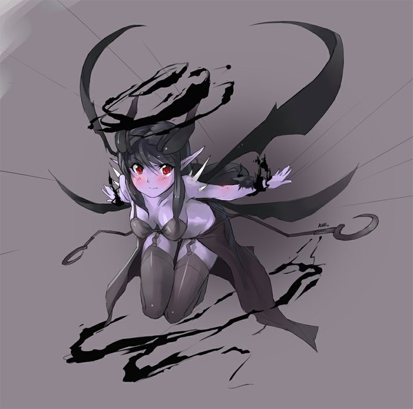 Anime picture 1000x989 with dungeon and fighter ozma (dungeon and fighter) nellen single long hair blush light erotic black hair red eyes horn (horns) pointy ears demon girl girl thighhighs black thighhighs thorns