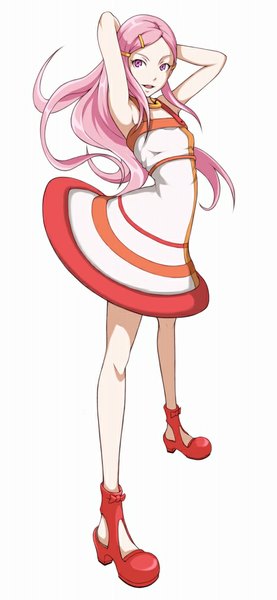 Anime picture 474x1024 with eureka seven studio bones anemone ina (gokihoihoi) single long hair tall image open mouth simple background white background looking away pink hair pink eyes arms behind head girl dress hair ornament choker hairclip sundress