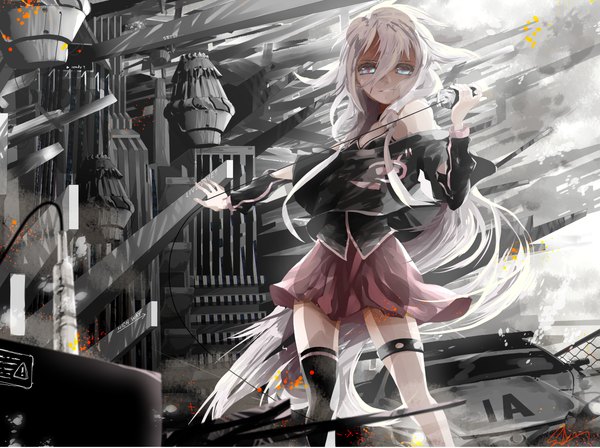 Anime picture 1656x1239 with vocaloid ia (vocaloid) saihate (d3) single long hair looking at viewer blue eyes bare shoulders white hair very long hair girl thighhighs skirt microphone single thighhigh