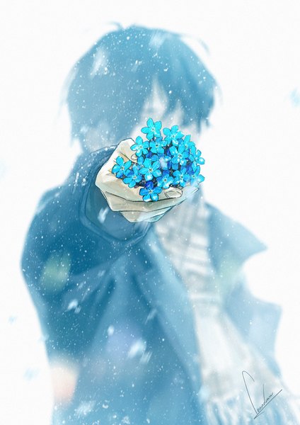 Anime picture 723x1023 with original loundraw single tall image short hair black hair simple background white background holding signed upper body ahoge long sleeves blurry depth of field outstretched arm snowing exhalation boy flower (flowers)