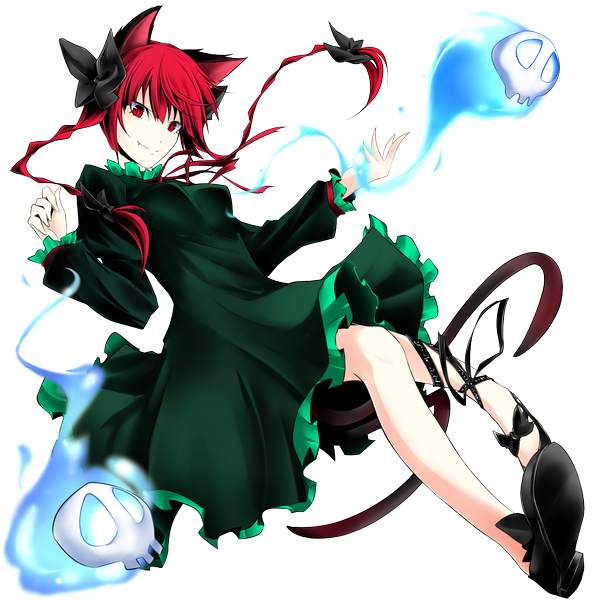 Anime picture 1600x1600 with touhou kaenbyou rin pkk single long hair smile red eyes animal ears red hair braid (braids) cat ears teeth cat girl cat tail fang (fangs) transparent background girl dress bow hair bow