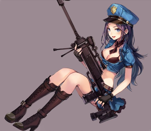 Anime picture 800x696 with league of legends caitlyn (league of legends) officer caitlyn momoko (momopoco) single long hair looking at viewer highres blue eyes light erotic black hair simple background smile wide image sitting holding absurdres full body bent knee (knees) pleated skirt