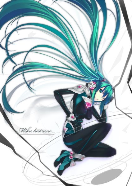 Anime picture 1881x2656 with vocaloid hatsune miku sazare (artist) single tall image highres simple background white background twintails very long hair aqua eyes aqua hair legs girl headphones bodysuit