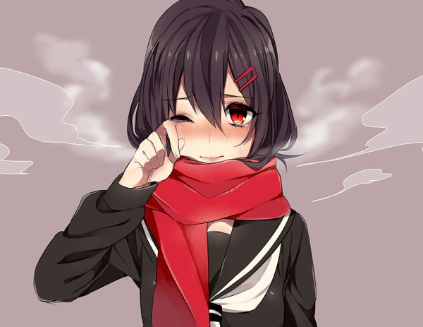 Anime picture 1280x988 with kagerou project shaft (studio) tateyama ayano sinomi single looking at viewer blush highres short hair black hair simple background red eyes one eye closed wink tears exhalation girl uniform hair ornament school uniform