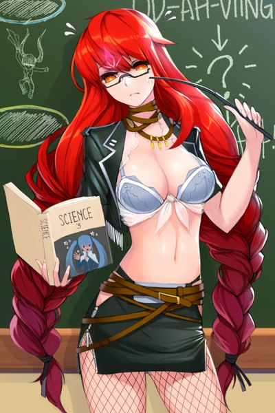 Anime picture 1000x1500 with sword girls the elder scrolls the elder scrolls v: skyrim luthica preventer mother demon single long hair tall image fringe breasts light erotic large breasts standing holding red hair braid (braids) open clothes open jacket midriff orange eyes