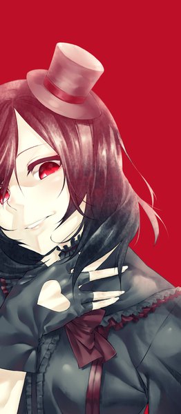 Anime picture 1400x3200 with love live! school idol project sunrise (studio) love live! nishikino maki sizuka (takuma0) single tall image looking at viewer fringe short hair black hair simple background smile red eyes upper body parted lips hair over one eye red background girl dress