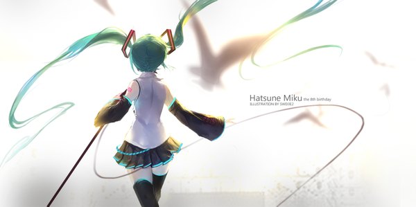 Anime picture 1595x797 with vocaloid hatsune miku swd3e2 single wide image twintails signed very long hair from behind aqua hair character names happy birthday girl skirt hair ornament detached sleeves miniskirt animal bird (birds) microphone stand