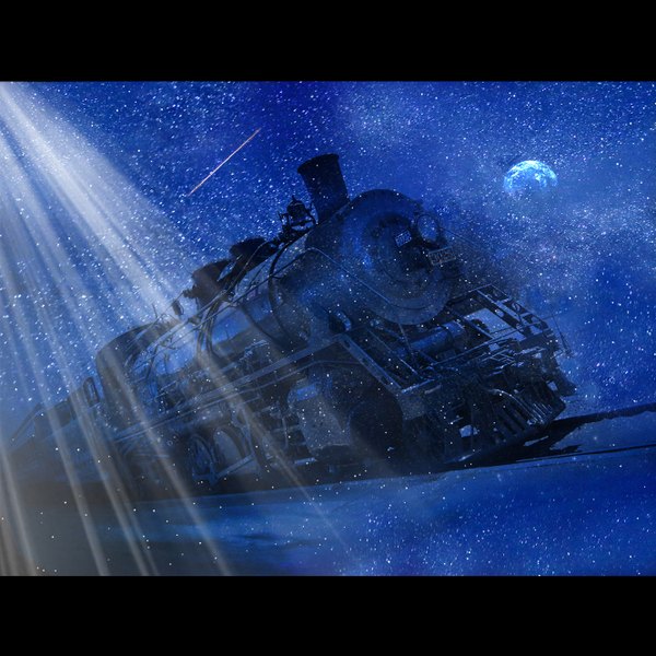 Anime picture 1330x1330 with original zonomaru night night sky light snowing letterboxed shooting star constellation milky way moon star (stars) full moon train railways railroad tracks