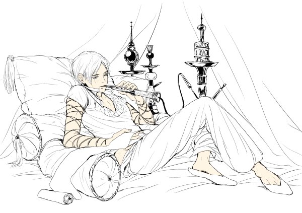 Anime picture 1200x846 with magi the labyrinth of magic a-1 pictures ja'far (magi) kuz single short hair holding white hair mouth hold monochrome reclining smoking freckles white eyes reading lineart boy shoes pillow thread