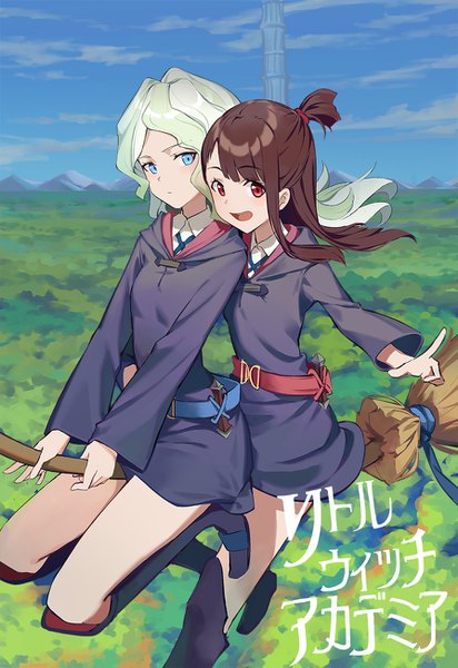 Anime picture 894x1300 with little witch academia studio trigger kagari atsuko diana cavendish huanxiang heitu long hair tall image blush open mouth blue eyes red eyes brown hair multiple girls looking away sky cloud (clouds) full body bent knee (knees) ponytail green hair