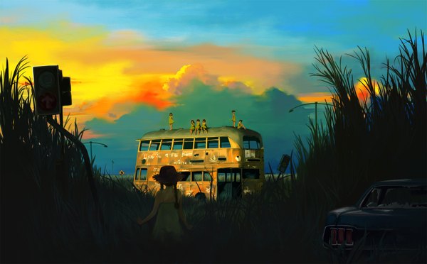 Anime picture 1600x992 with original kuchibiru (lipblue) wide image twintails evening sunset group scenic ruins plant (plants) grass ground vehicle car bus