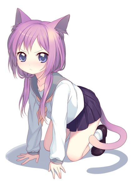 Anime picture 2149x3035 with original namori kimura daisuke single long hair tall image looking at viewer blush fringe highres blue eyes simple background white background twintails animal ears pink hair full body cat ears shadow cat girl