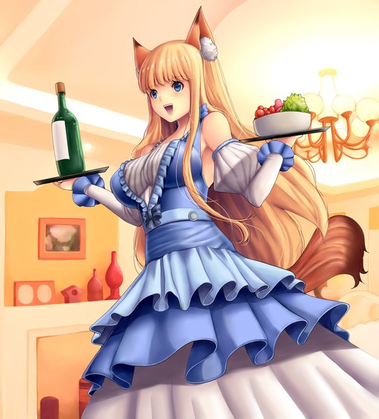Anime picture 1575x1741 with original yumiyokiak single long hair tall image open mouth blue eyes blonde hair fox ears fox tail fox girl girl dress detached sleeves