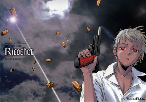 Anime picture 4000x2817 with jormungand white fox johnathan mar single highres short hair red eyes absurdres cloud (clouds) white hair open collar boy weapon shirt gun pistol shell casing