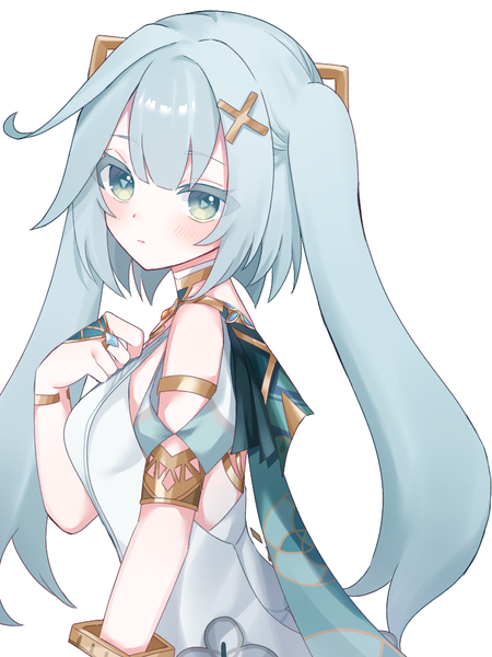 Anime picture 768x1024 with genshin impact faruzan (genshin impact) kino (curry pan) single long hair tall image looking at viewer blush fringe simple background white background twintails green eyes upper body aqua hair girl hair ornament x hair ornament