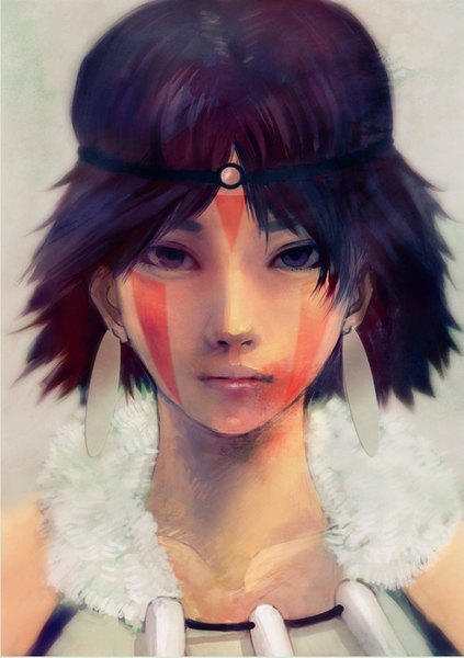 Anime picture 600x850 with mononoke hime studio ghibli san wataboku single tall image looking at viewer short hair black hair simple background bare shoulders black eyes realistic grey background facial mark portrait girl earrings hairband fur