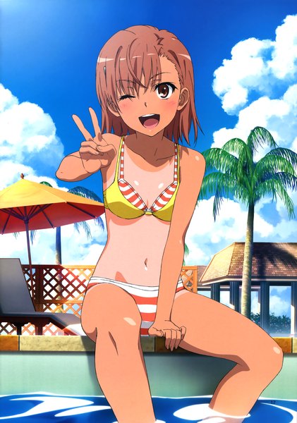 Anime picture 2177x3100 with to aru kagaku no railgun to aru majutsu no index j.c. staff misaka mikoto single tall image blush highres short hair light erotic brown hair brown eyes sky cloud (clouds) one eye closed wink scan official art girl navel