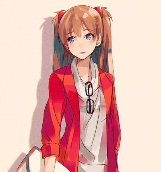 Anime picture 1000x1068 with neon genesis evangelion gainax soryu asuka langley hiiragi hajime single long hair tall image blush blue eyes simple background smile brown hair standing twintails looking away open clothes open jacket shadow twisty sleeves girl