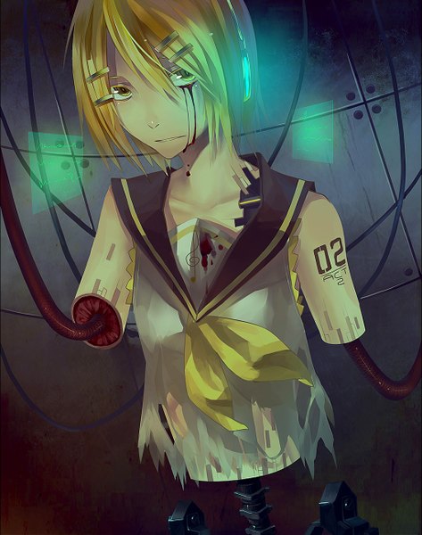 Anime picture 1024x1300 with vocaloid kagamine rin par tall image short hair blonde hair yellow eyes guro girl blood wire (wires) doll (dolls)