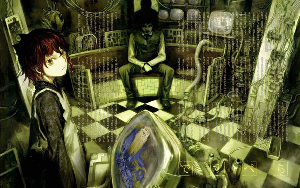 Anime picture 2316x1450 with despera ain abe yoshitoshi highres red eyes wide image red hair text animal eyes steam punk