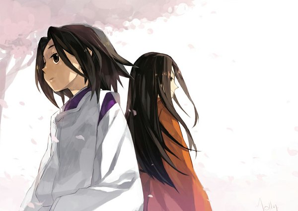 Anime picture 1024x727 with shaman king xebec asakura you asakura hao molly (artist) long hair short hair smile brown hair brown eyes japanese clothes looking back from behind cherry blossoms back siblings twins back to back brothers boy