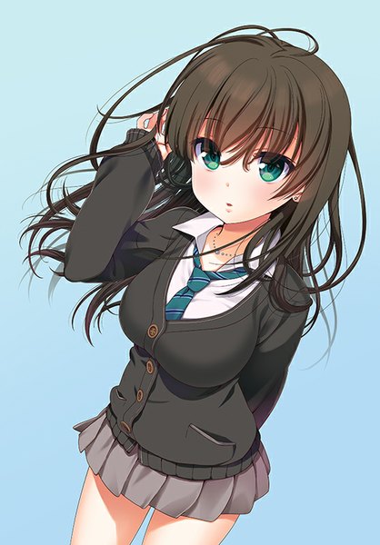 Anime picture 558x800 with idolmaster idolmaster cinderella girls shibuya rin nanase meruchi single long hair tall image blush black hair simple background green eyes pleated skirt :o girl skirt uniform school uniform necktie