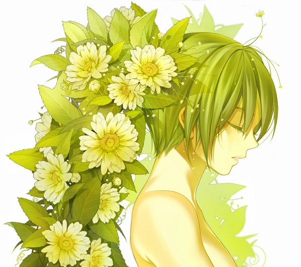 Anime picture 1100x978 with vocaloid hatsune miku hoshii hisa single long hair blush open mouth twintails bare shoulders profile hair flower green hair nude topless girl hair ornament flower (flowers) leaf (leaves)
