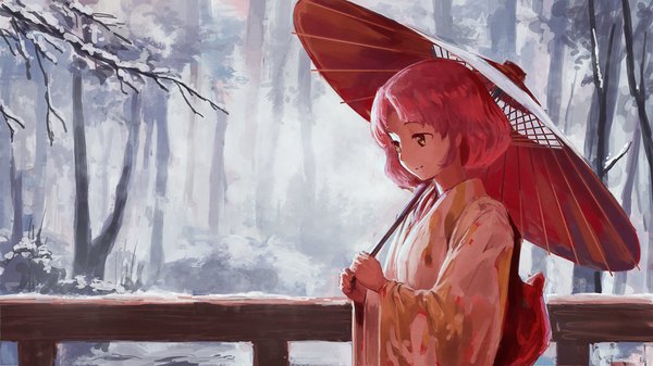 Anime picture 1000x562 with aikatsu! kitaouji sakura noske single fringe short hair smile wide image holding looking away pink hair long sleeves traditional clothes japanese clothes pink eyes wide sleeves winter snow bare tree girl