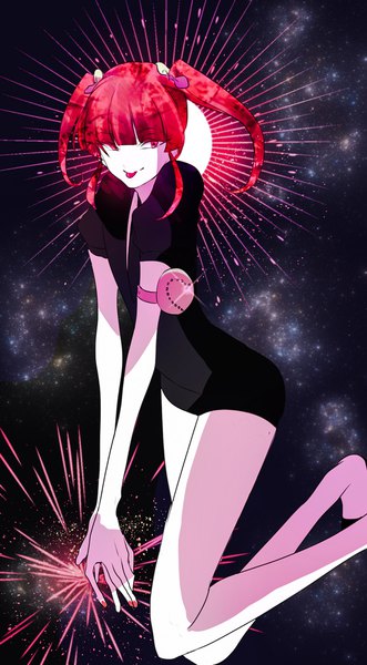 Anime picture 1240x2248 with houseki no kuni red beryl (houseki no kuni) kayanogura single tall image fringe short hair twintails payot looking away bent knee (knees) blunt bangs nail polish sparkle short twintails hands clasped androgynous tongue