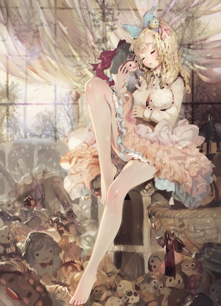 Anime picture 1448x2000 with crab d single long hair tall image blush blonde hair sitting bent knee (knees) eyes closed barefoot bare legs frilly skirt curly hair girl skirt hair ornament plant (plants) miniskirt tree (trees) window