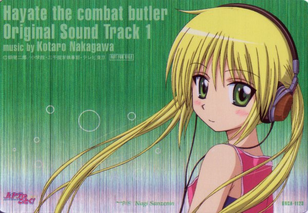 Anime picture 1333x922 with hayate no gotoku! sanzenin nagi long hair looking at viewer blush blonde hair smile twintails bare shoulders green eyes scan inscription girl headphones wire (wires)
