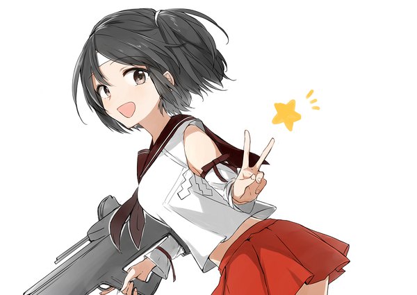 Anime picture 1063x753 with kantai collection nagara light cruiser morinaga (harumori) single looking at viewer short hair open mouth black hair simple background white background brown eyes :d side ponytail victory girl skirt uniform weapon detached sleeves miniskirt