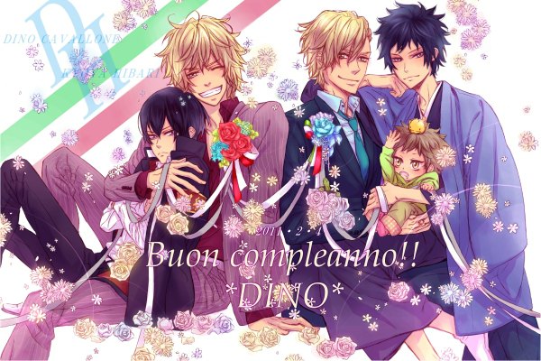 Anime picture 1200x800 with katekyou hitman reborn hibari kyouya dino cavallone hibird kabura (artist) short hair blonde hair smile purple eyes purple hair japanese clothes one eye closed wink hug grin group clothes on shoulders shounen ai alternate age boy