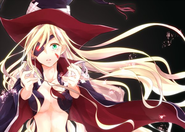 Anime picture 1400x1000 with to aru majutsu no index j.c. staff othinus riku (rik888) single long hair looking at viewer breasts open mouth light erotic blonde hair green eyes black background girl hat cape witch hat eyepatch