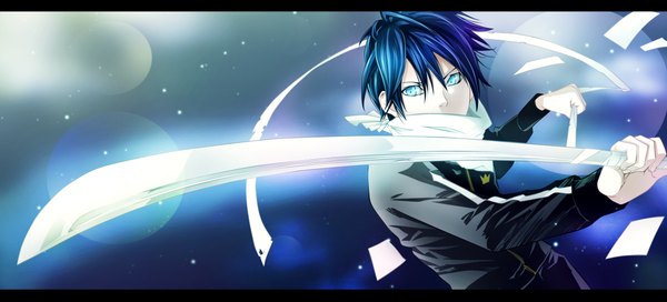 Anime picture 2300x1044 with noragami studio bones yato (noragami) cobalt-patch single fringe highres short hair wide image holding blue hair glowing glowing eye (eyes) fighting stance glow boy weapon sword hairband katana