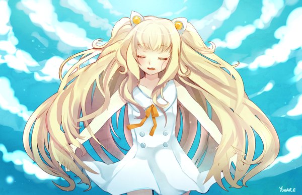 Anime picture 1580x1024 with vocaloid seeu yunare single long hair open mouth blonde hair animal ears cloud (clouds) eyes closed sleeveless girl sundress