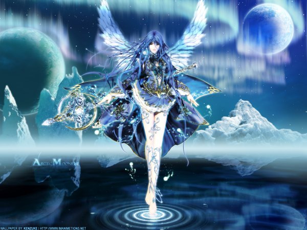 Anime picture 1600x1200 with luna (tos) long hair blue eyes blue hair night tattoo night sky wavy hair soles angel wings angel aurora borealis girl skirt miniskirt sword wings water moon star (stars)