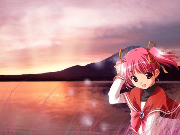 Anime picture 1600x1200 with double dragon anonono tooyama kokoro single looking at viewer fringe short hair open mouth red eyes pink hair cloud (clouds) outdoors long sleeves head tilt arm up wind sunlight evening happy sunset