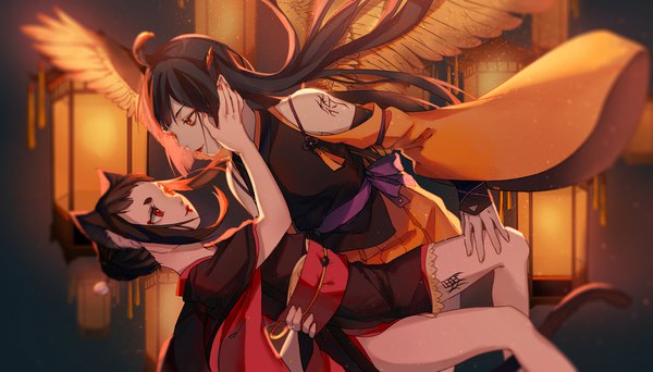 Anime picture 2100x1200 with original electronhentai long hair fringe highres short hair light erotic black hair red eyes wide image bare shoulders multiple girls holding brown eyes animal ears ahoge bent knee (knees) tail very long hair traditional clothes