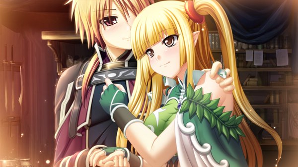 Anime picture 1024x576 with kamidori alchemy meister seravalwie endorse long hair blonde hair red eyes wide image twintails brown eyes game cg orange hair couple girl boy