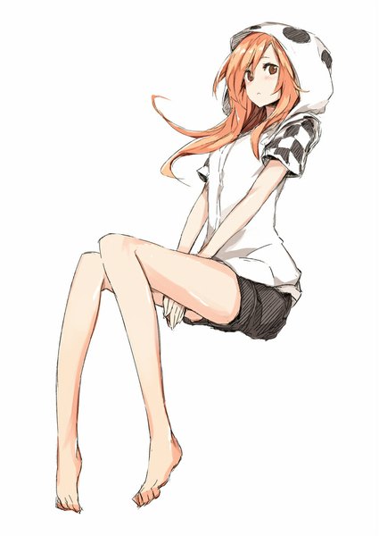 Anime picture 709x1000 with minecraft toromera single long hair tall image looking at viewer blush simple background white background sitting barefoot orange hair bare legs orange eyes no shoes legs girl shorts hood toes