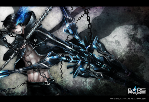 Anime picture 1310x898 with black rock shooter vocaloid black rock shooter (character) kaito (vocaloid) ryuuka-nagare single looking at viewer fringe blue eyes black hair glowing glowing eye (eyes) muscle cosplay parody weapon sword katana chain cloak