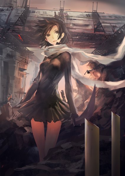 Anime picture 1000x1415 with dogs: bullets & carnage david production fuyumine naoto aituoku single tall image short hair black hair black eyes girl dress sword scarf katana bridge power lines