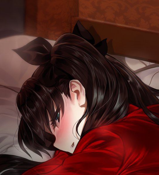 Anime picture 848x937 with fate (series) fate/stay night type-moon toosaka rin yd (orange maru) single long hair tall image looking at viewer blush fringe black hair twintails parted lips profile looking back embarrassed close-up girl bed