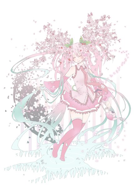 Anime picture 1256x1751 with vocaloid hatsune miku hari noi single long hair tall image blush simple background standing white background twintails bare shoulders pink hair eyes closed pleated skirt multicolored hair light smile aqua hair two-tone hair cherry blossoms