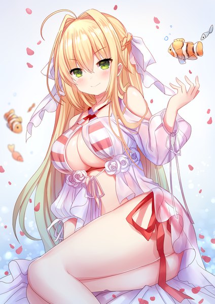 Anime picture 1535x2171 with fate (series) fate/grand order nero claudius (fate) (all) nero claudius (swimsuit caster) (fate) hina gyuunyuu single long hair tall image looking at viewer fringe breasts light erotic blonde hair simple background smile hair between eyes large breasts white background sitting green eyes