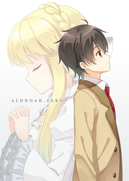 Anime picture 800x1122 with aldnoah.zero a-1 pictures asseylum vers allusia kaizuka inaho hyuuga azuri long hair tall image short hair black hair blonde hair red eyes white background eyes closed profile couple girl dress boy uniform school uniform